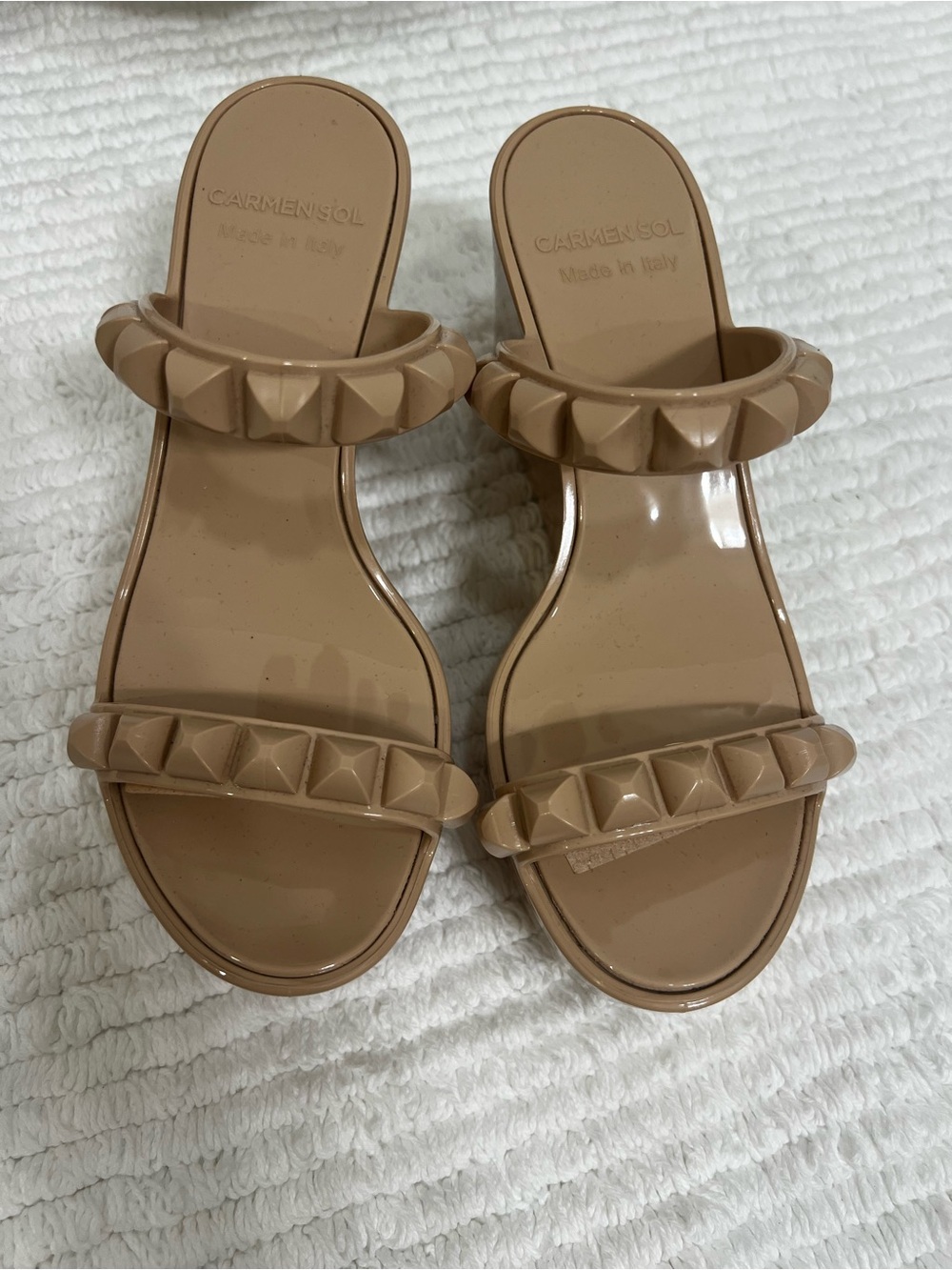 Carmen Sol Nude Tan Stud-Trim Slide Sandals - Slip-On Women’s Sandals